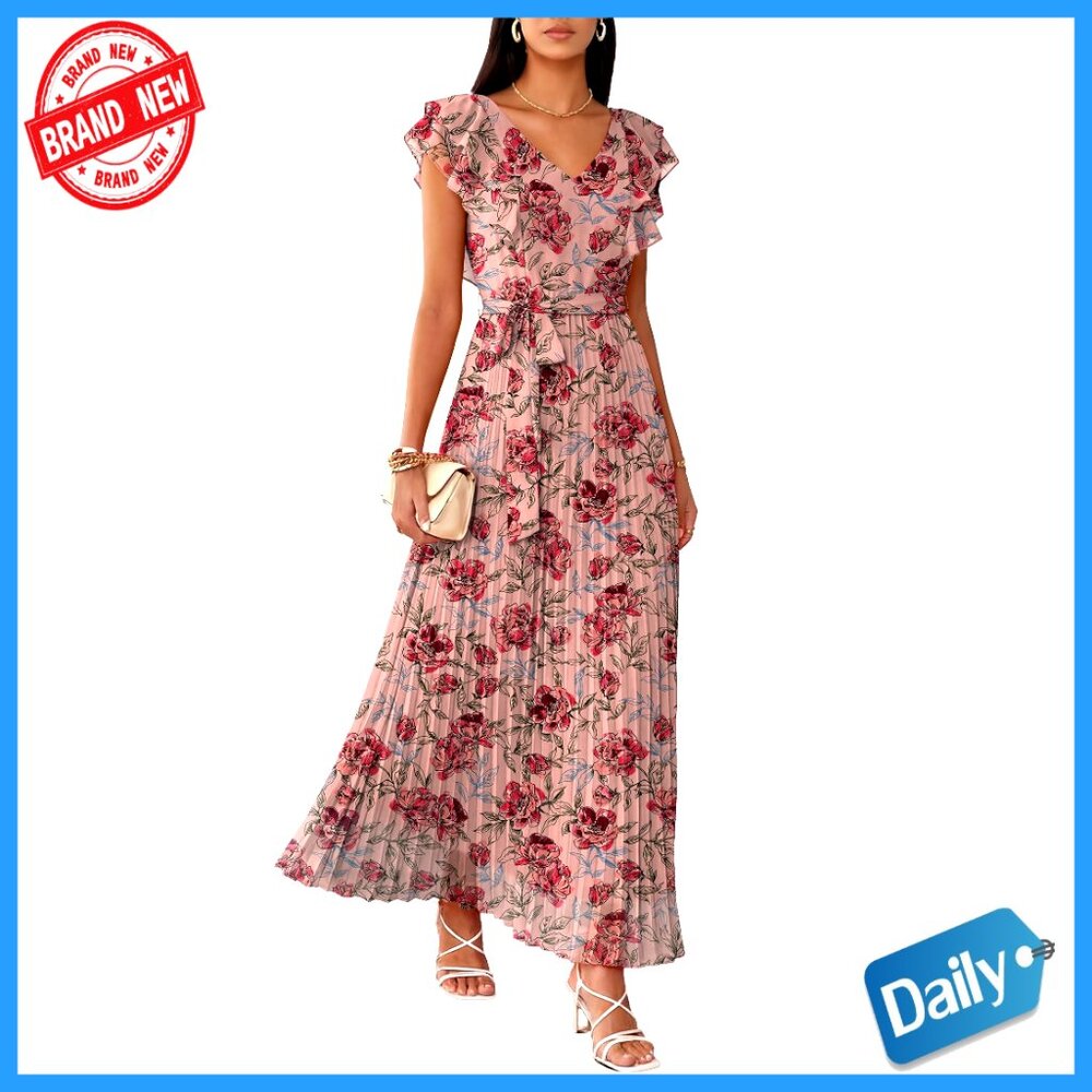 V-Neck Ruffle Sleeve Maxi Dress Empire Waist Formal Party Wedding Guest
